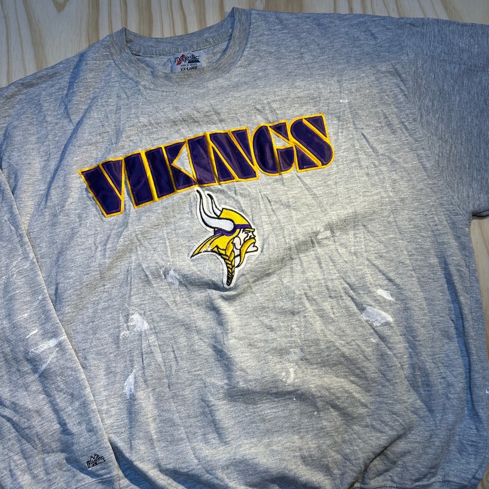 Majestic Minnesota Vikings Sweatshirt Men XXL Gray Distressed Paint Splatter NFL